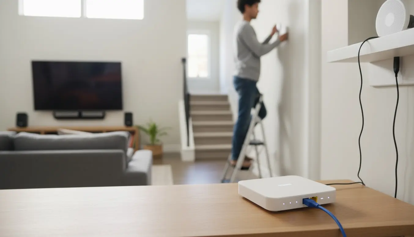 En person installerer et mesh‑wifi‑node ved trappen med en router på et bord og trådløse højttalere i stuen.