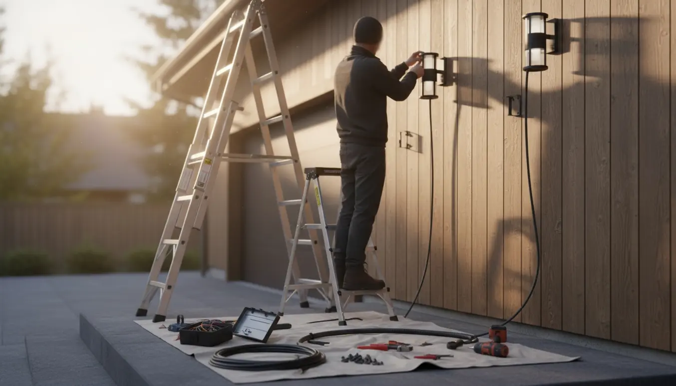 Udendørsmontering af væglamper ved døre og garage med værktøj og ledninger synlige.