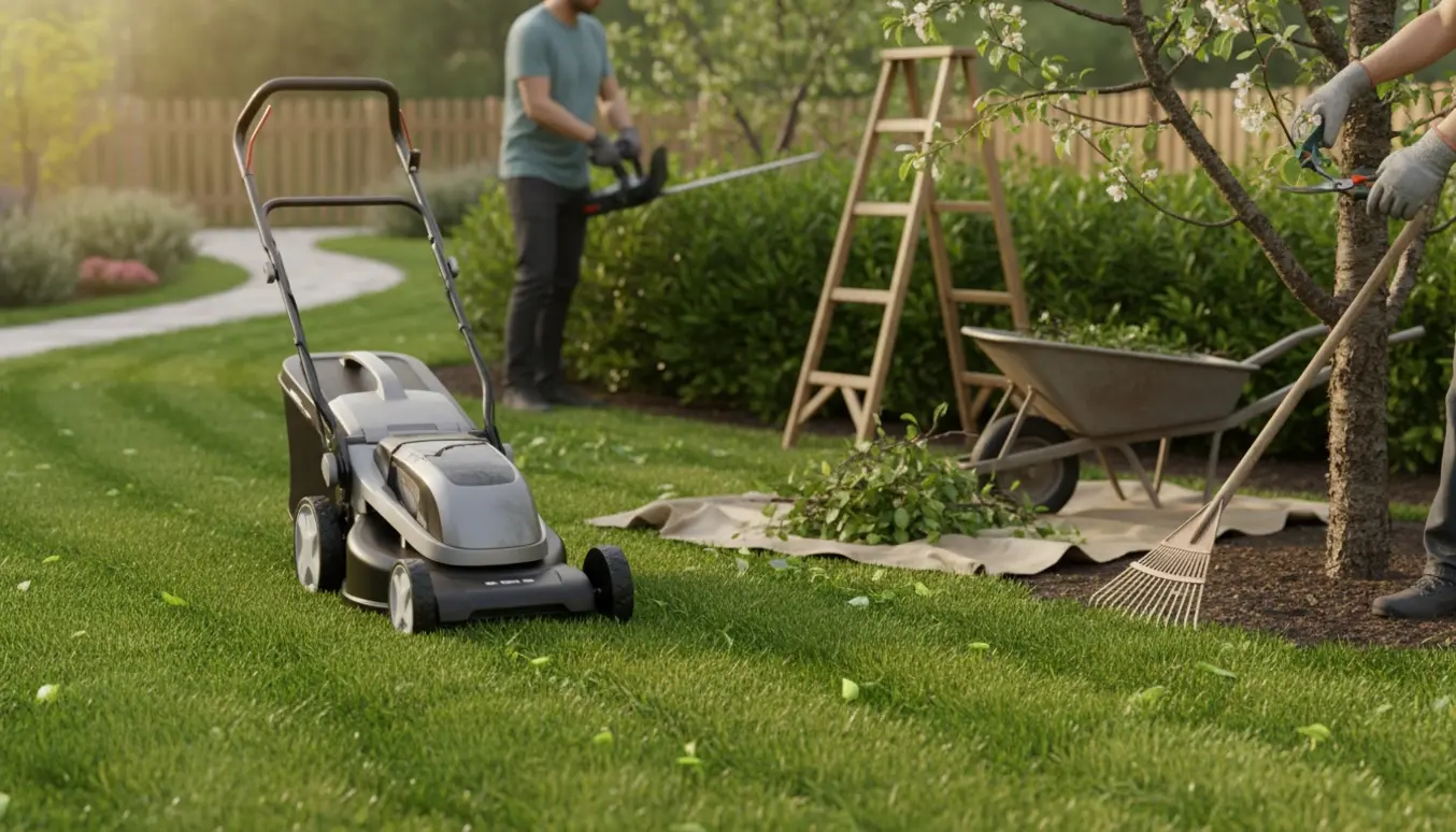 Person slår græs og klipper buske og træer i en velplejet have på en solskinsdag.