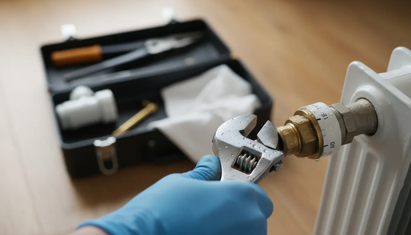Nærbillede af en hand, der bruger en skruenøgle til at løsne en radiatorventil med værktøj i baggrunden.