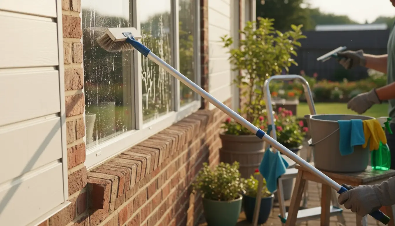 Person fjerner edderkoppespind fra ydervæg og rengør et vindue med nalje.