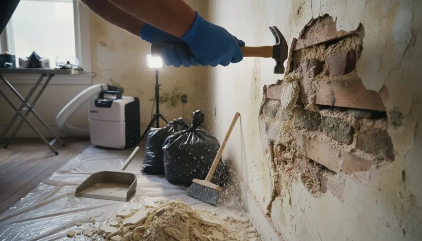 Nærbillede af handsker, der mejsler løs puds af en væg med skimmel, omgivet af plast, affaldsposer og luftrenser.
