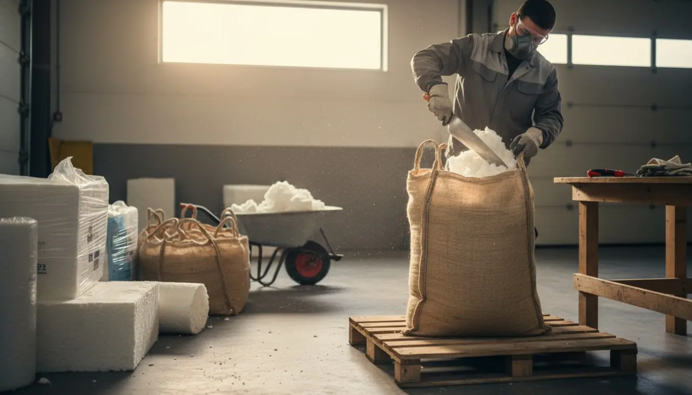 Hænder fylder rockwool i en stor sæk i et oplyst garage- eller byggeområde.
