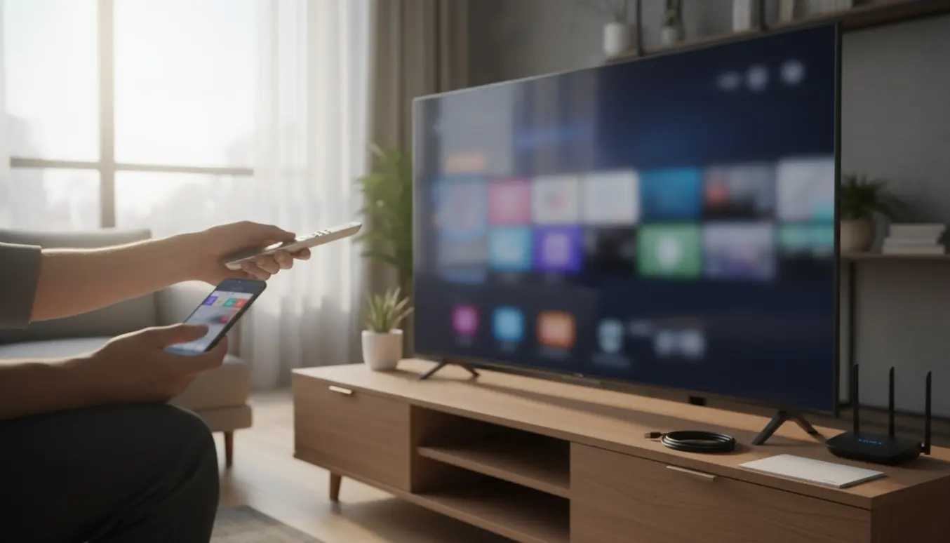 Hænder opsætter et moderne smart-tv i stuen med fjernbetjening og smartphone i fokus.