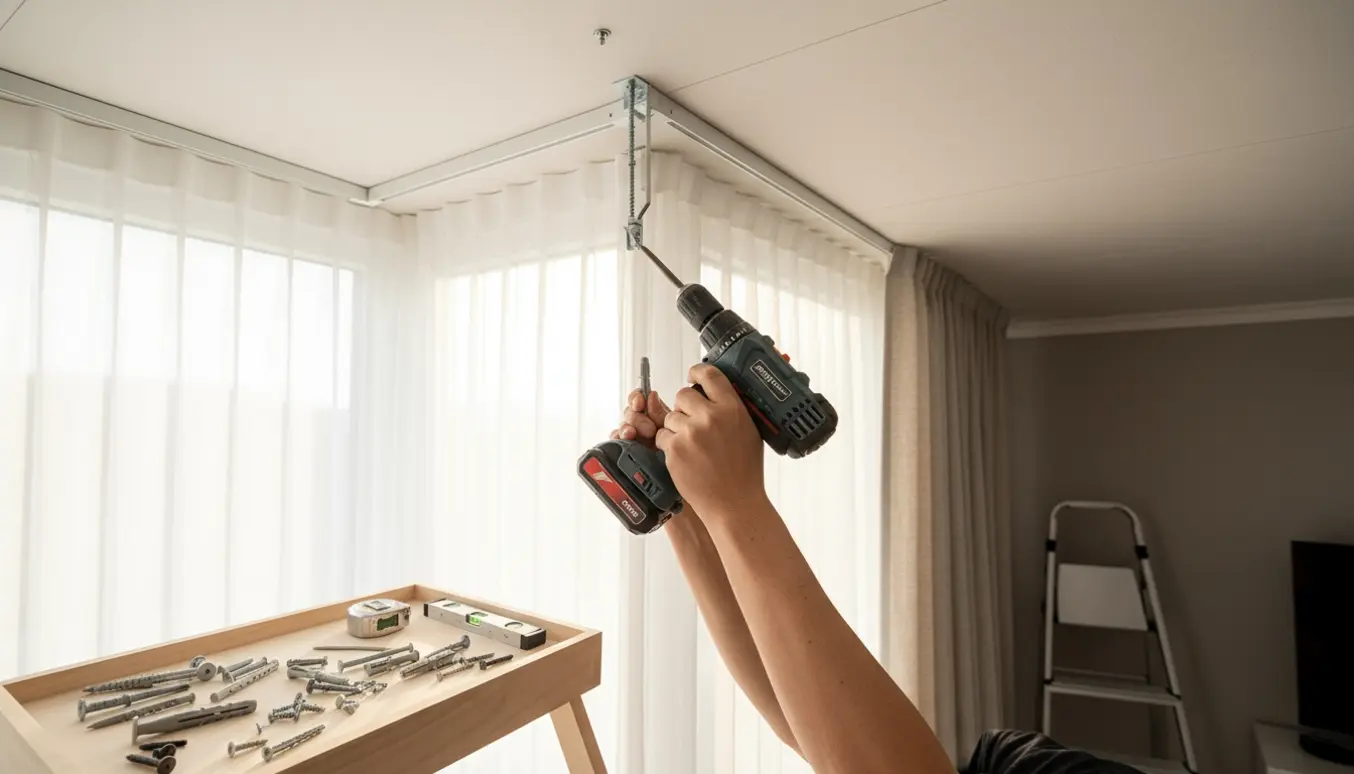 Nærbillede af hænder, der monterer en gardinskinne i et gipsloft ved et hjørnevindue med forskellige skruer og gipsankre lagt frem.