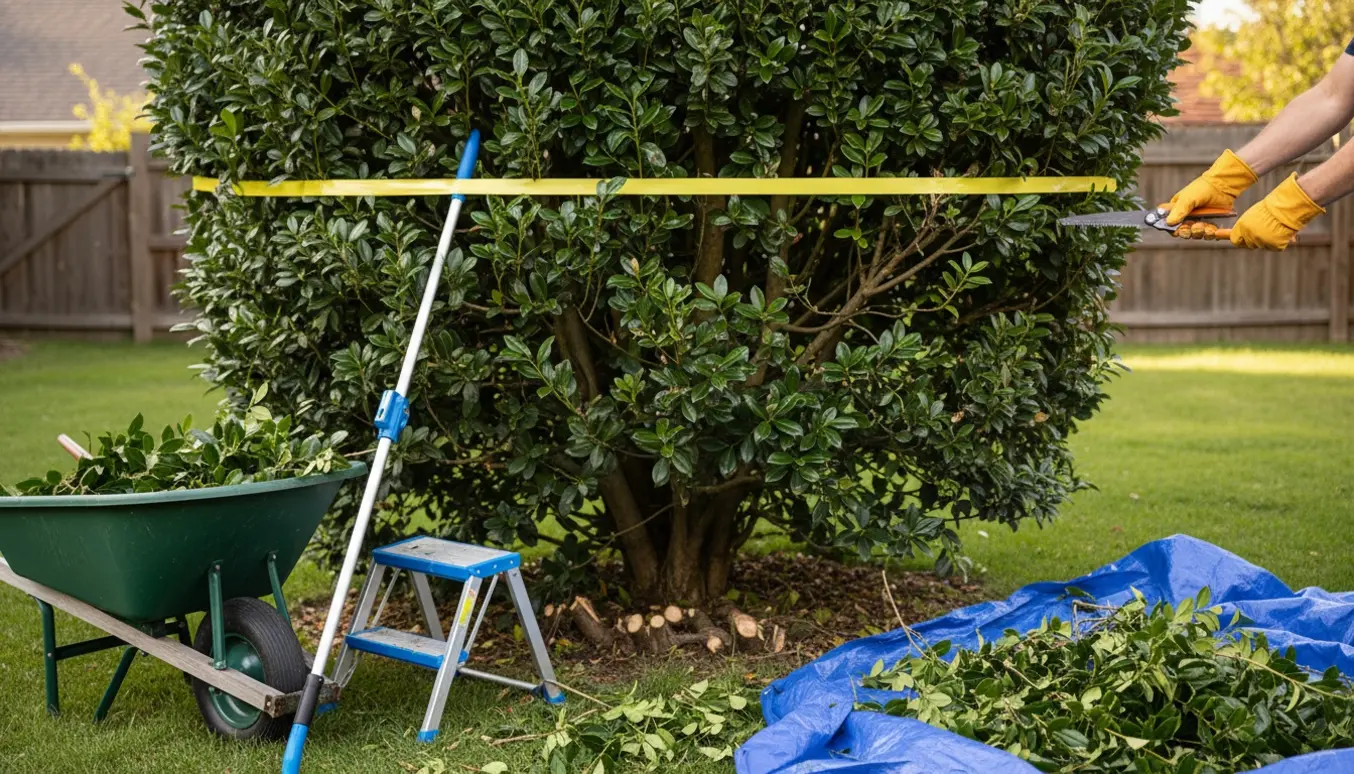 Nærbillede af beskæring af en stor laurbær/kirsebærbusk med sav, grensaks og trillebør med afklip.