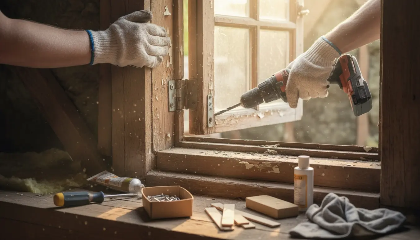 Hænder servicerer et gammelt træ tagvindue indvendigt med værktøj.