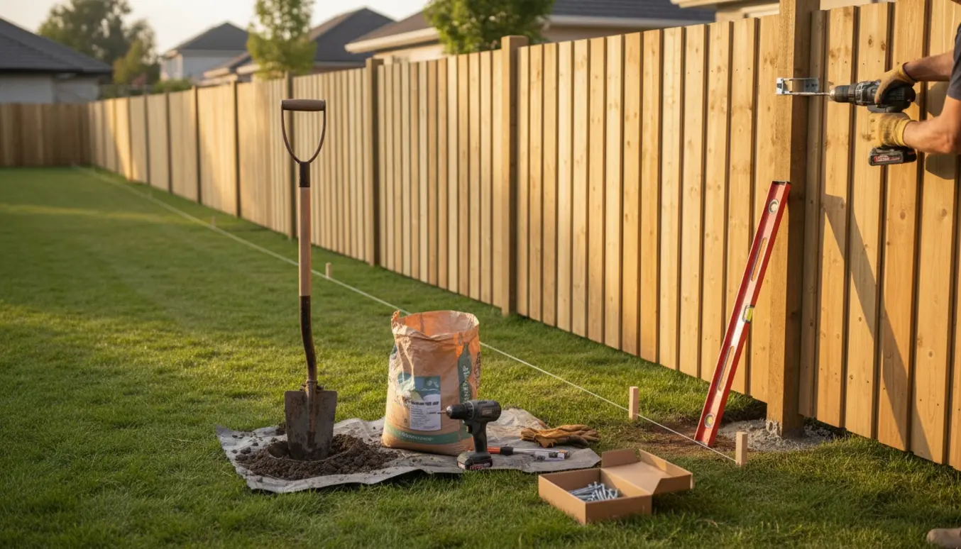 Nyopsat 10 meter træhegn ca. 1,8 m højt i en have med værktøj og arbejdshænder i forgrunden.
