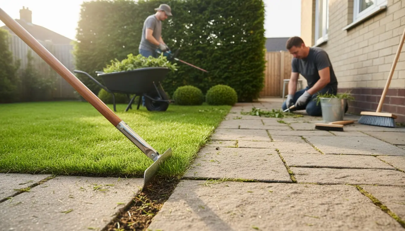 Havearbejde med hækkeklipning, kantning af græsplæne og fjernelse af ukrudt mellem terrassefliser.