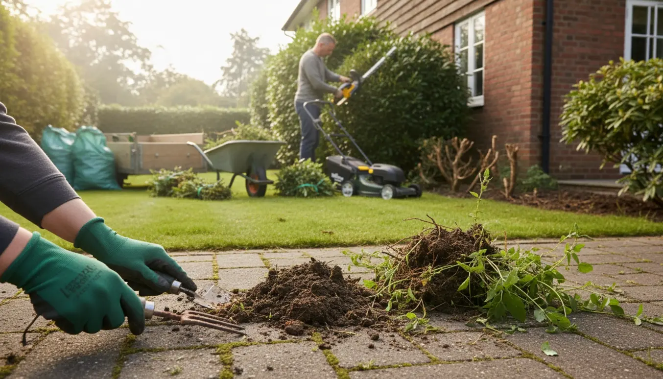 Havemand fjerner ukrudt mellem fliser, trimmer hæk og læsser afklippede buske i en trillebør ved et hus.