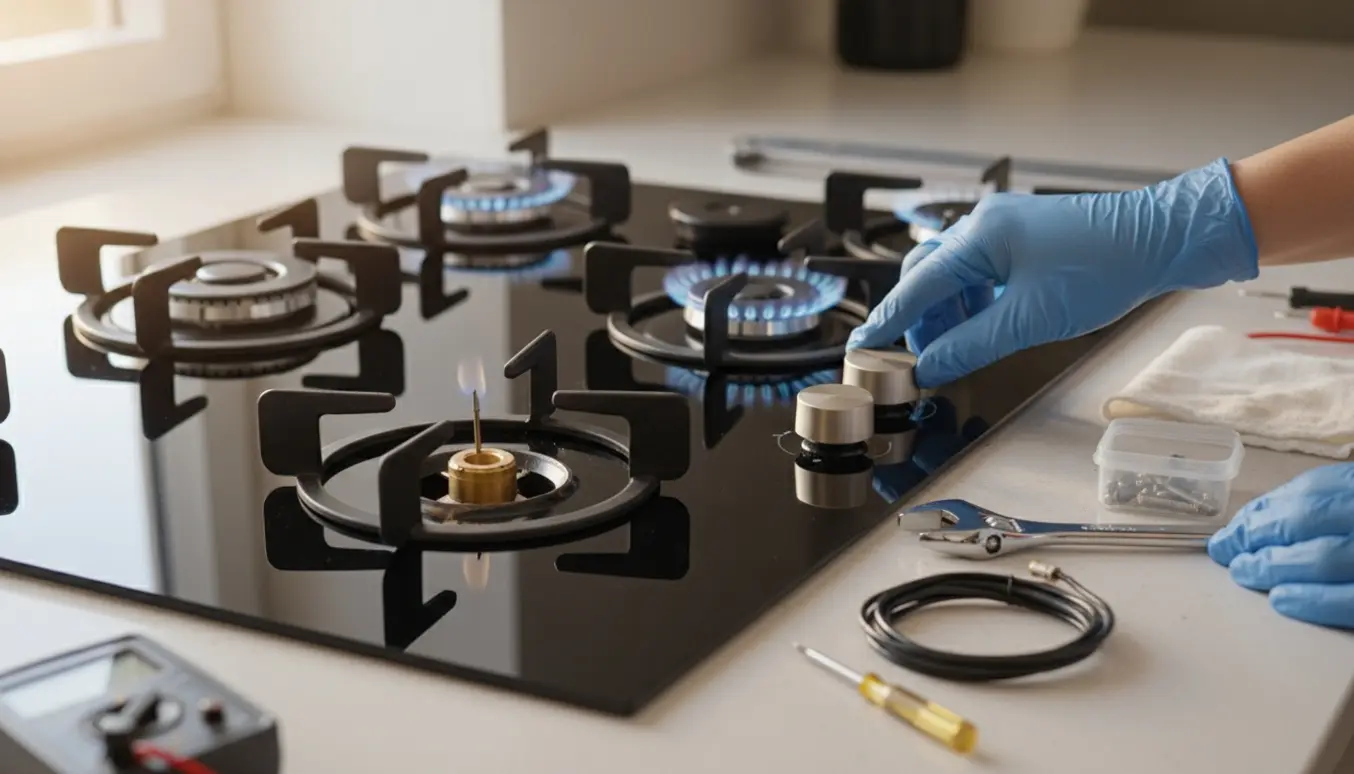 Nærbillede af en sort glas-gaskomfur med et afmonteret blus og hænder, der arbejder med værktøj.