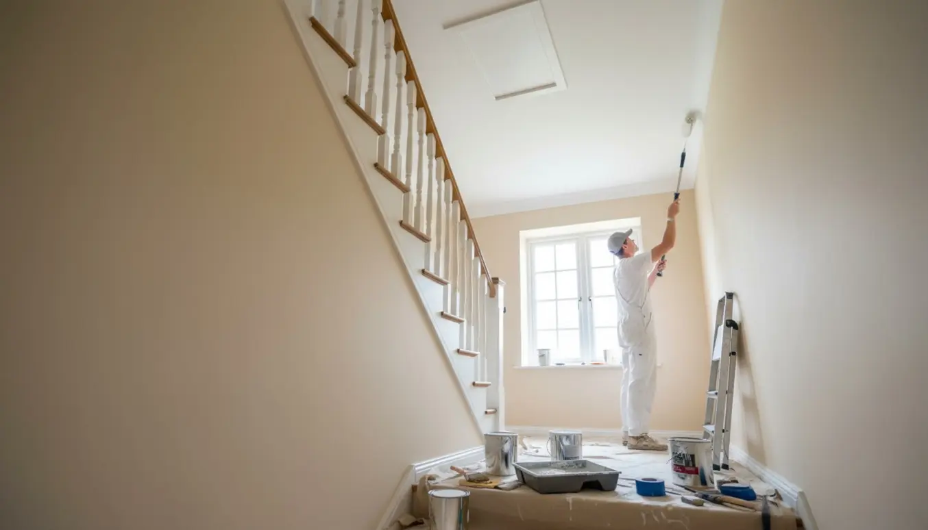 Gang med trappe og højt til loftet under maling, beige vægge og hvidt loft og vindue.