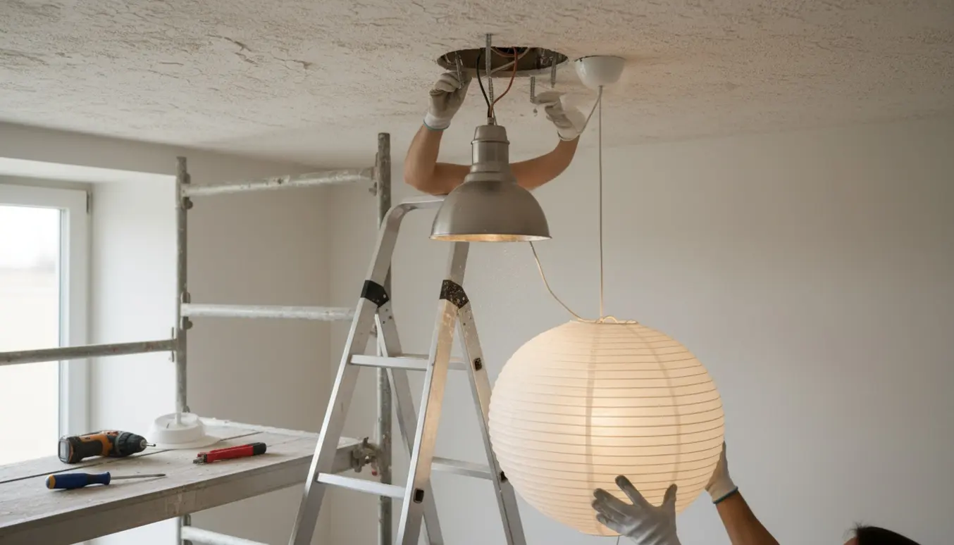 To lamper ophænges og tilsluttes i et højt pudset loft, håndværkerhænder arbejder fra en stige med værktøj.