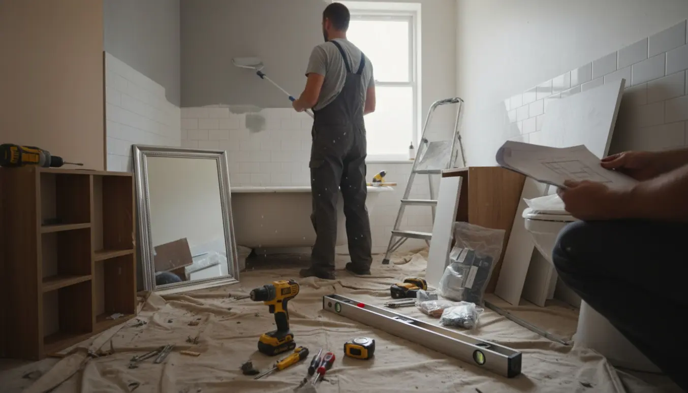 Småbadeværelse under renovering med maler, nedtaget skab og nyt materiale klar til opsætning.