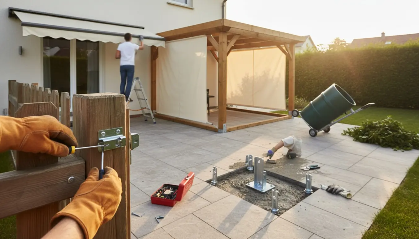 Havearbejde med støbte ankre til pavillon, montering af markise, flytning af regnvandstønde og reparation af lås på hegnet.