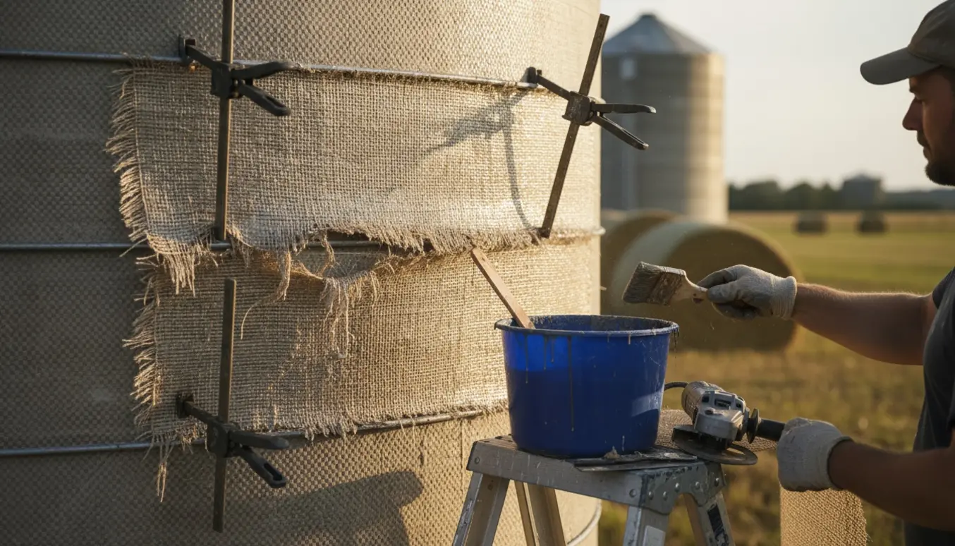 Nærbillede af reparation af en vandret flænge i en glasfiber fodersilo med glasfiberklædning og epoxy.