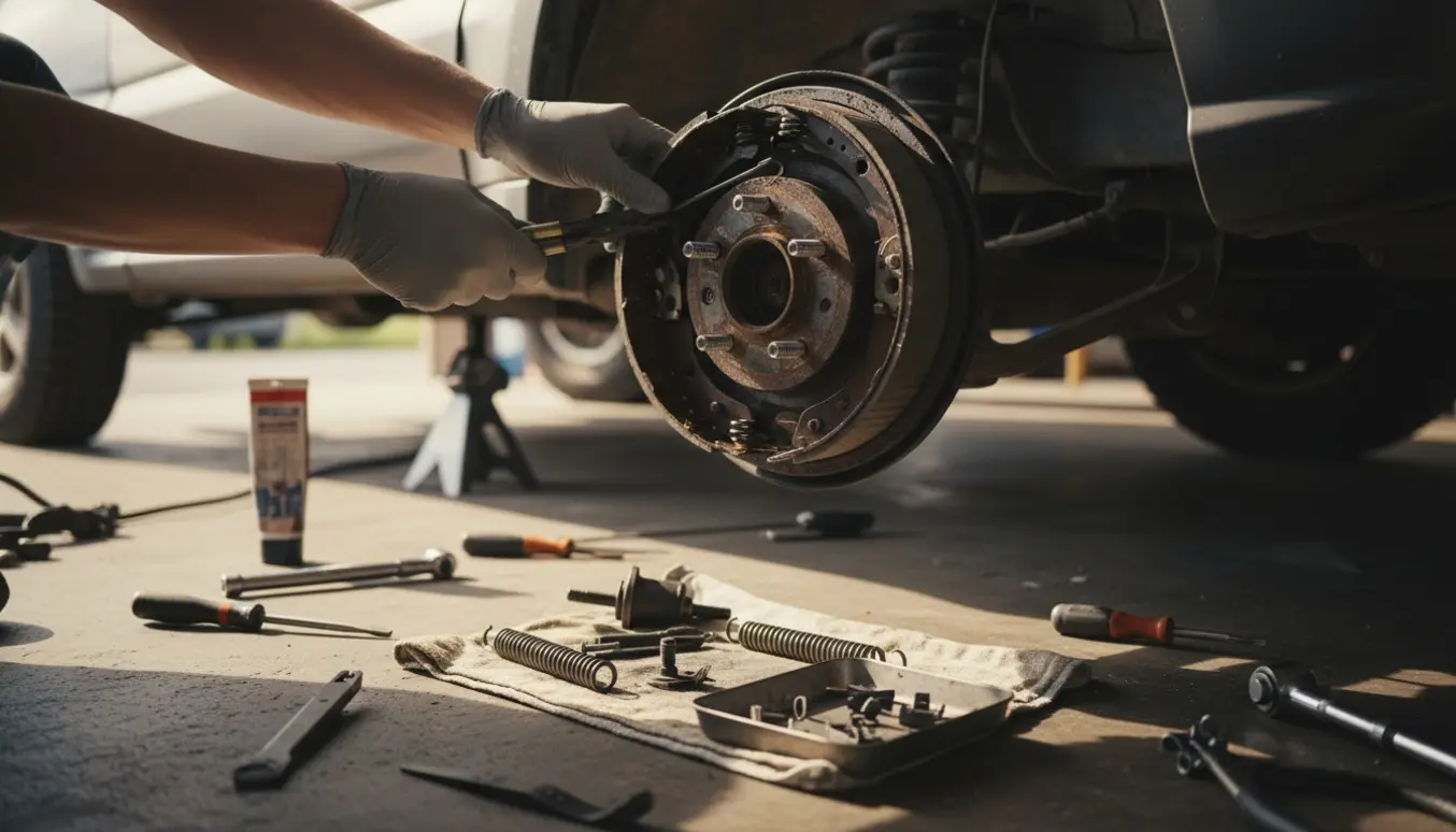 Hænder samler tromlebremser på en løftet SUV's hjulnav med bremseklodser og værktøj.