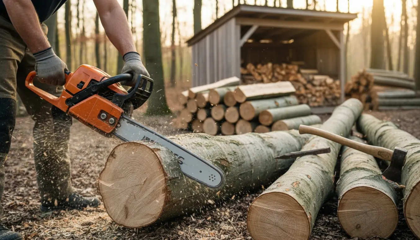 Motorsav saver en lang bøgestamme i korte brændestykker ved et brændeskur med en stabil bunke brænde i baggrunden.
