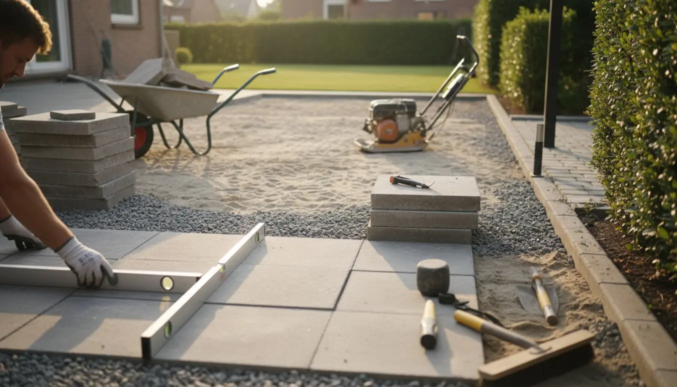 Håndværker forbereder en ny fliseterrasse i en smal have med stakke af kvadratiske fliser og værktøj.