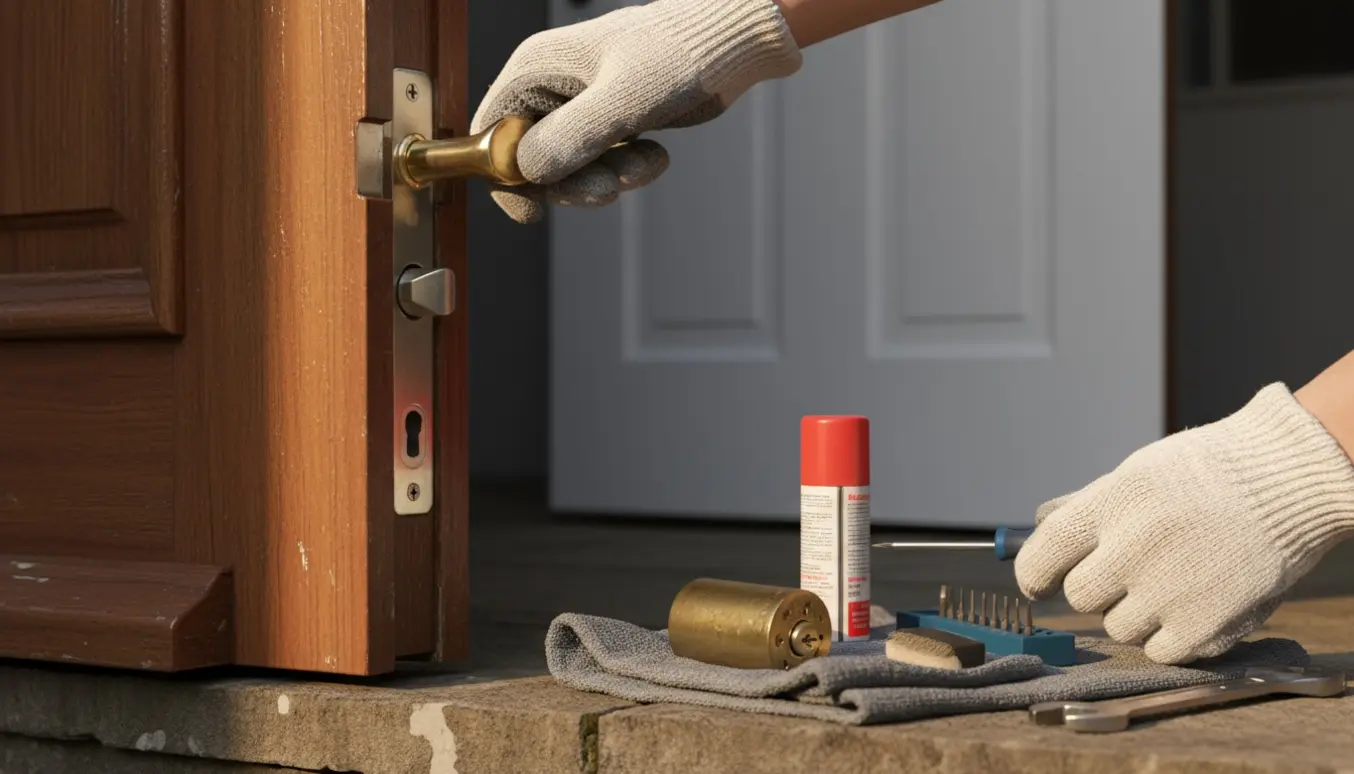 Tæt billede af hænder, der arbejder på en stram hoveddørlås med værktøj og smøremiddel på dørtærsklen.