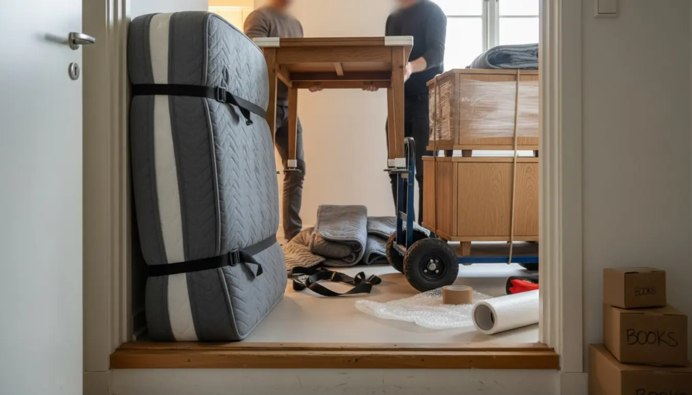 Dobbeltseng, spisebord og to skænke pakket og på flyttevogne i døråbning mellem nabolejligheder.