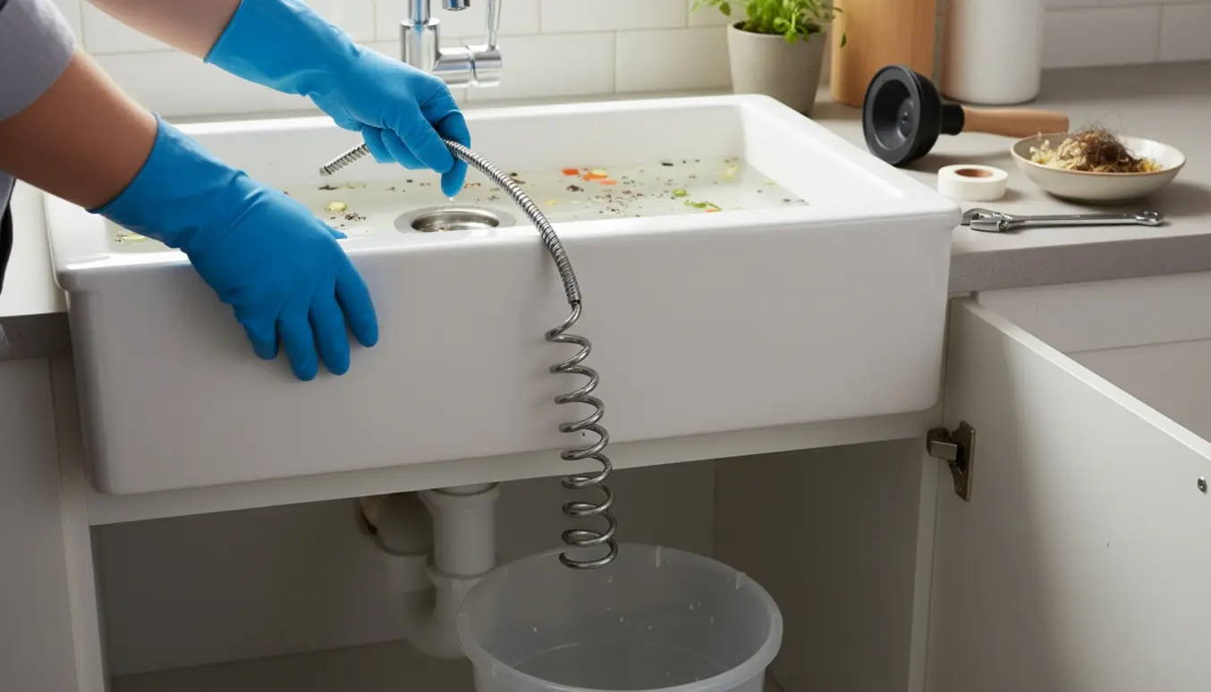 Nærbillede af handske‑klædte hænder, der renser et stoppet køkkenafløb med en afløbsslange og værktøj.