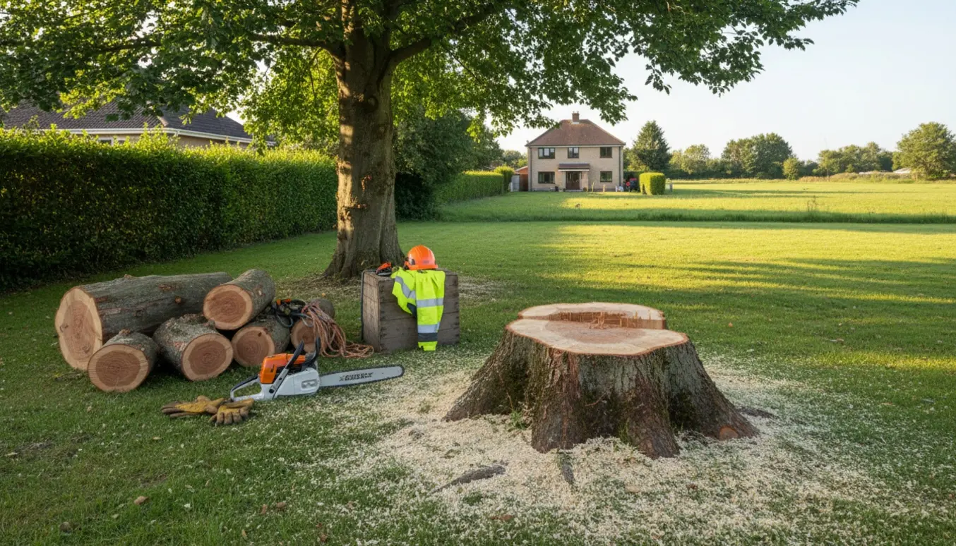 Fældet bøgetræ i havehjørne med skåret stamme, stakke af brænde og hus i baggrunden.