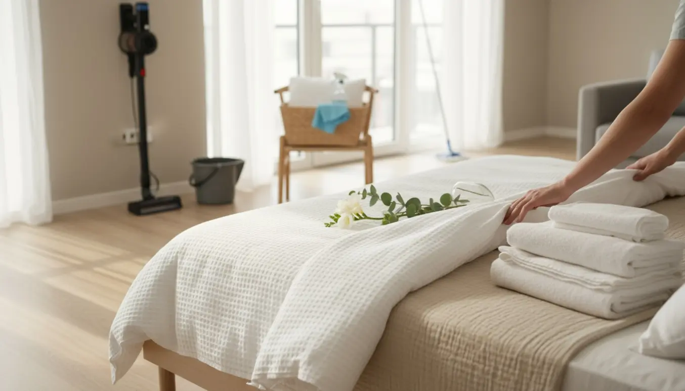 Hænder retter et rent lagen på sengen i en lys lejlighed med foldede håndklæder og rengøringsudstyr klar til nye gæster.