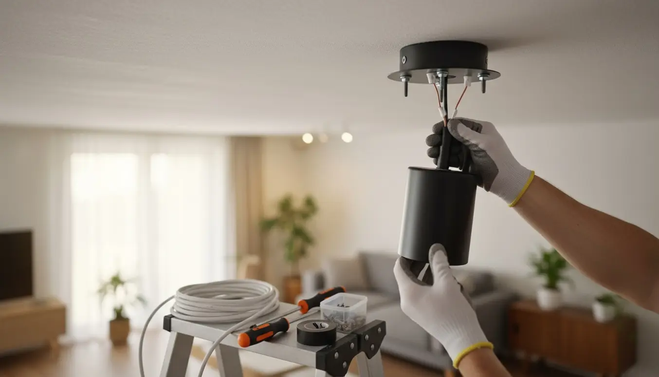 Nærbillede af udskiftning af ledning og montering af loftslampe på et gipsloft med værktøj og kabel synligt.