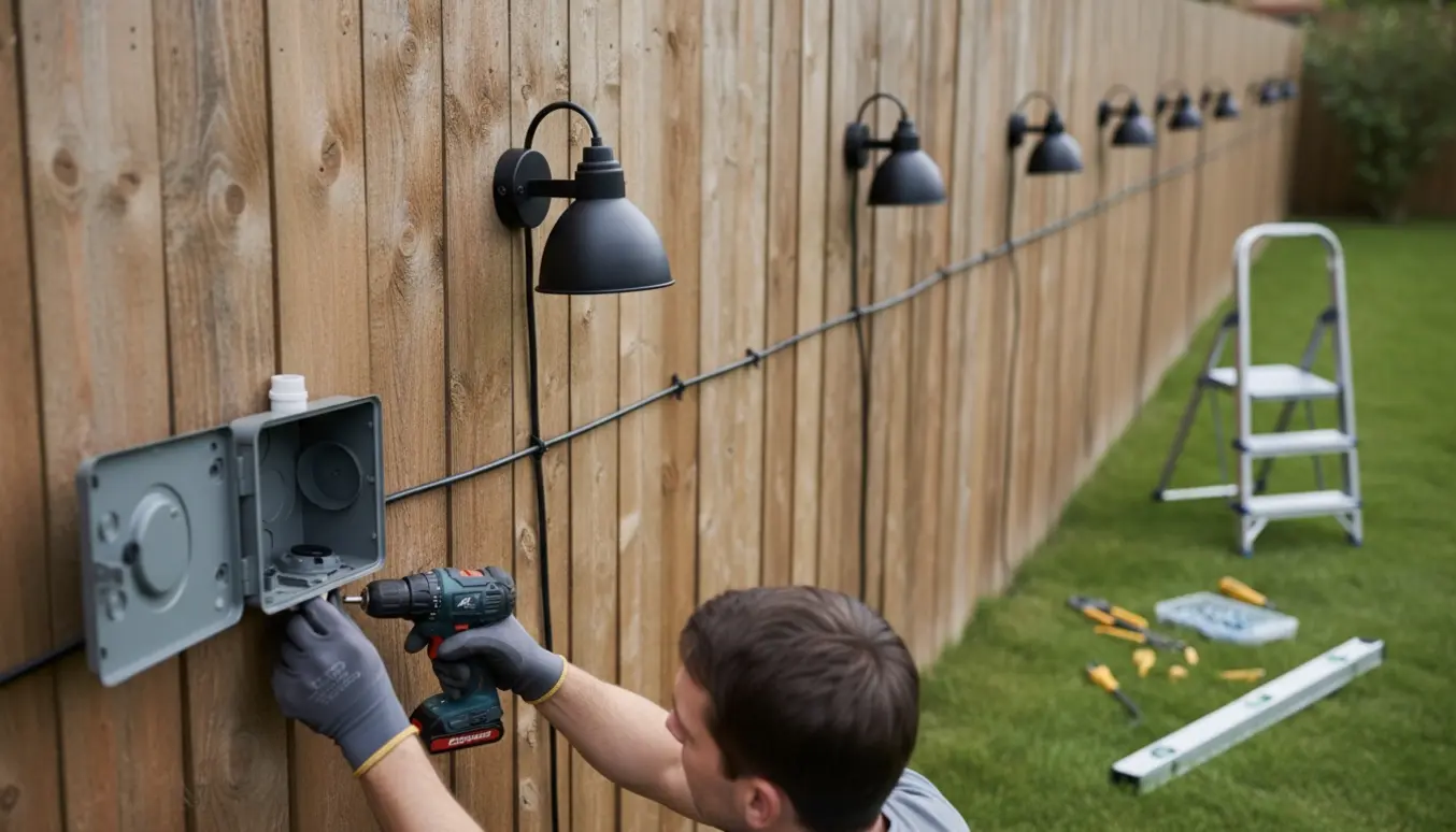 Montering af fire udendørslamper på et træhegn med kabeltræk fra en åben kabeldåse.