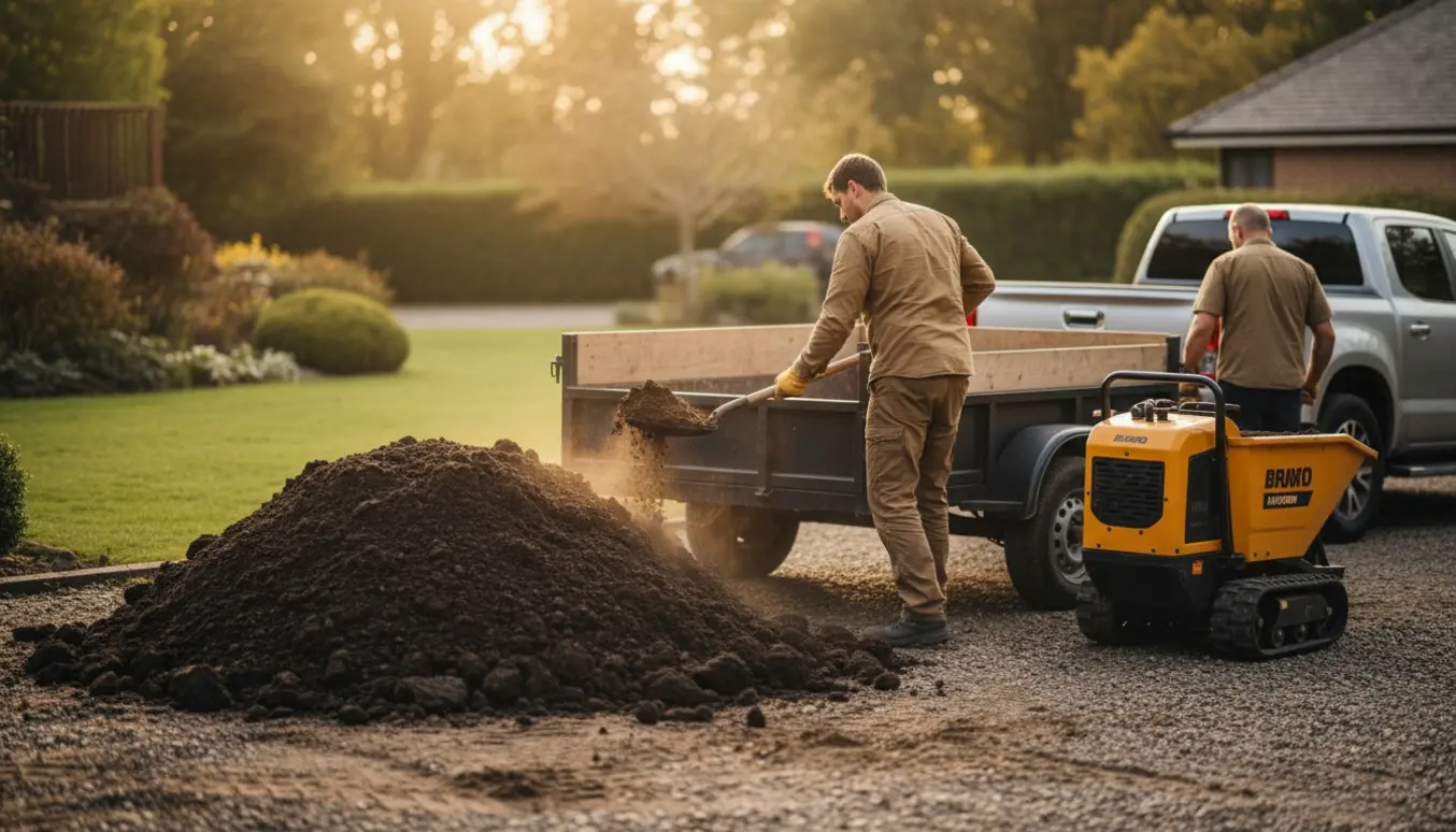 En trailer fyldes med opgravet jord i en villahave, mens håndværkere med skovle og trillebør arbejder uden synlige ansigter.