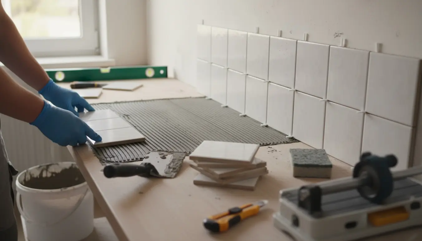 Køkkenbagvæg under montering med fliser, spartelmasse, flisekryds og hænder, der sætter fliser på.