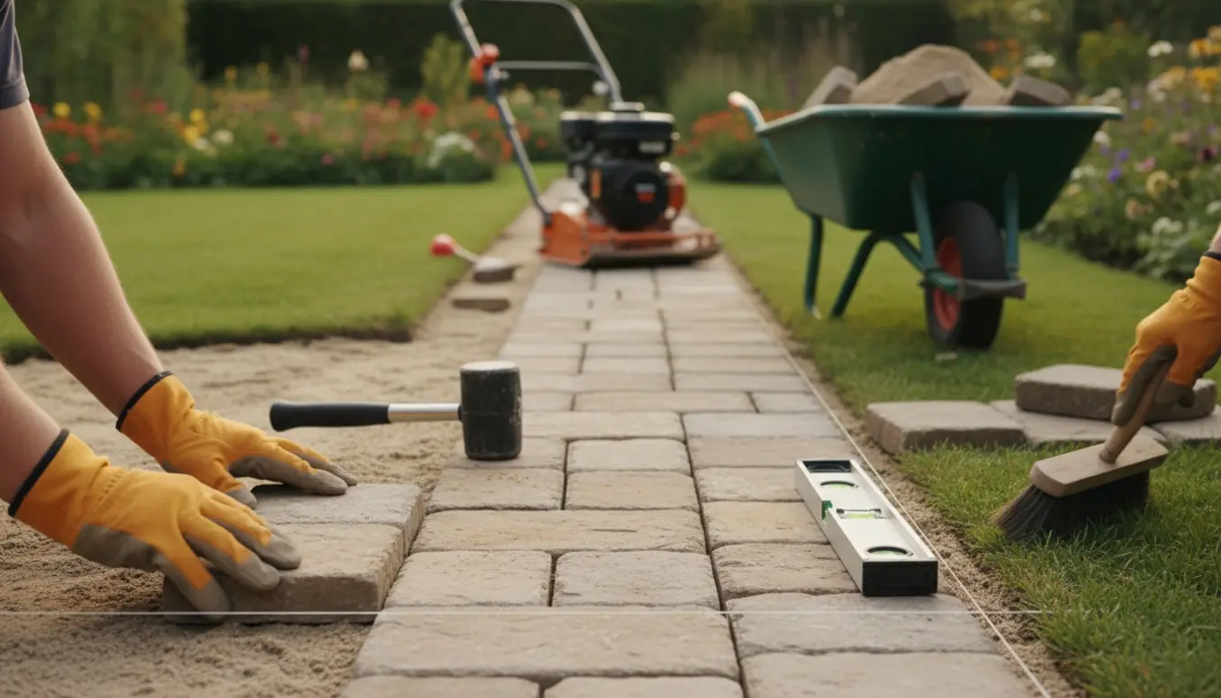 Hænder lægger genbrugte fliser i en nylagt, smal havegang med værktøj og frodig beplantning.