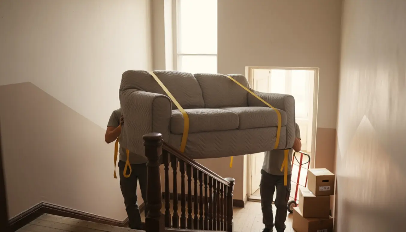 To personer bærer en 2-personers sofa ned ad en trappe og ind i en stuelejlighed, indpakket i flyttetæpper.
