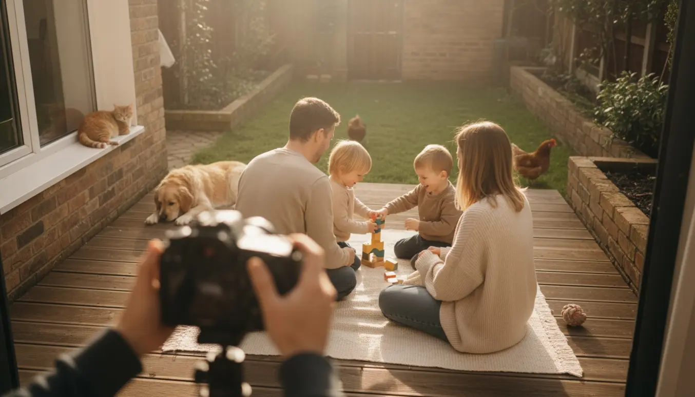 Familieportræt i hjemmets have med børn, hund, kat og høns i blødt naturligt lys.
