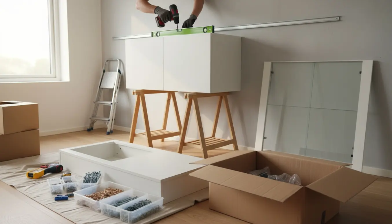 Håndværker monterer fladt-pakkede skabe og et vitrineskab på en gipsvæg med værktøj lagt frem.