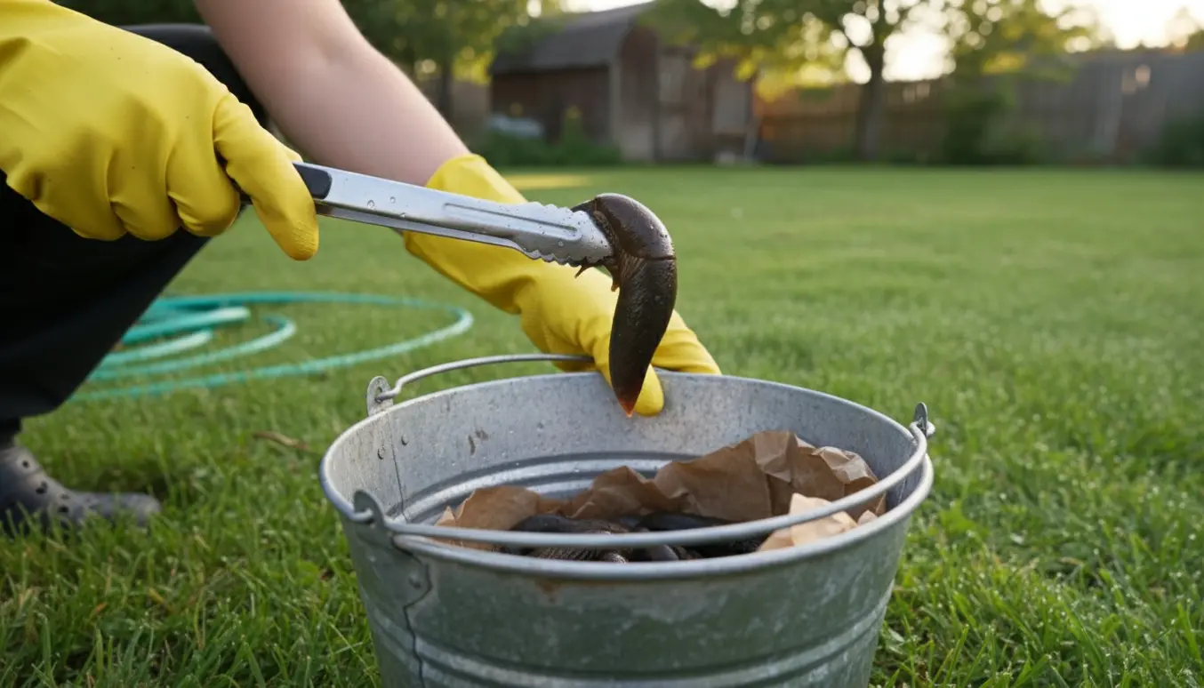 Nærbillede af handsker og tænger, der lægger dræbersnegle i en galvaniseret spand på en grøn græsplæne.