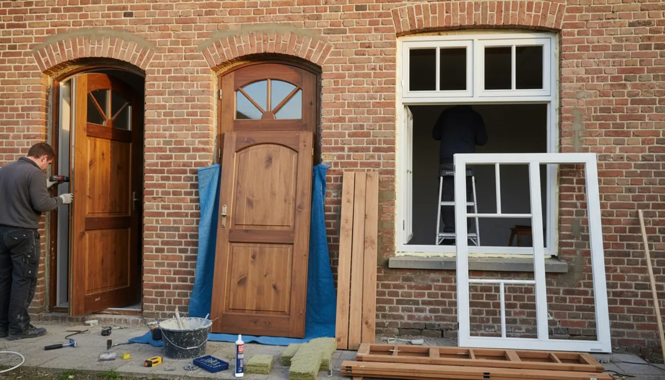 To hoveddøre og et dannebrogsvindue er ved at blive monteret på en facade med værktøj og isoleringsmaterialer omkring.