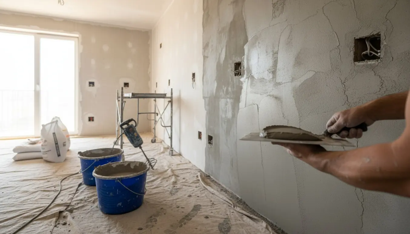 Interiør af hus under fuldspartling med spartel, mørtelbøtter og rå 2,4 m høje vægge.