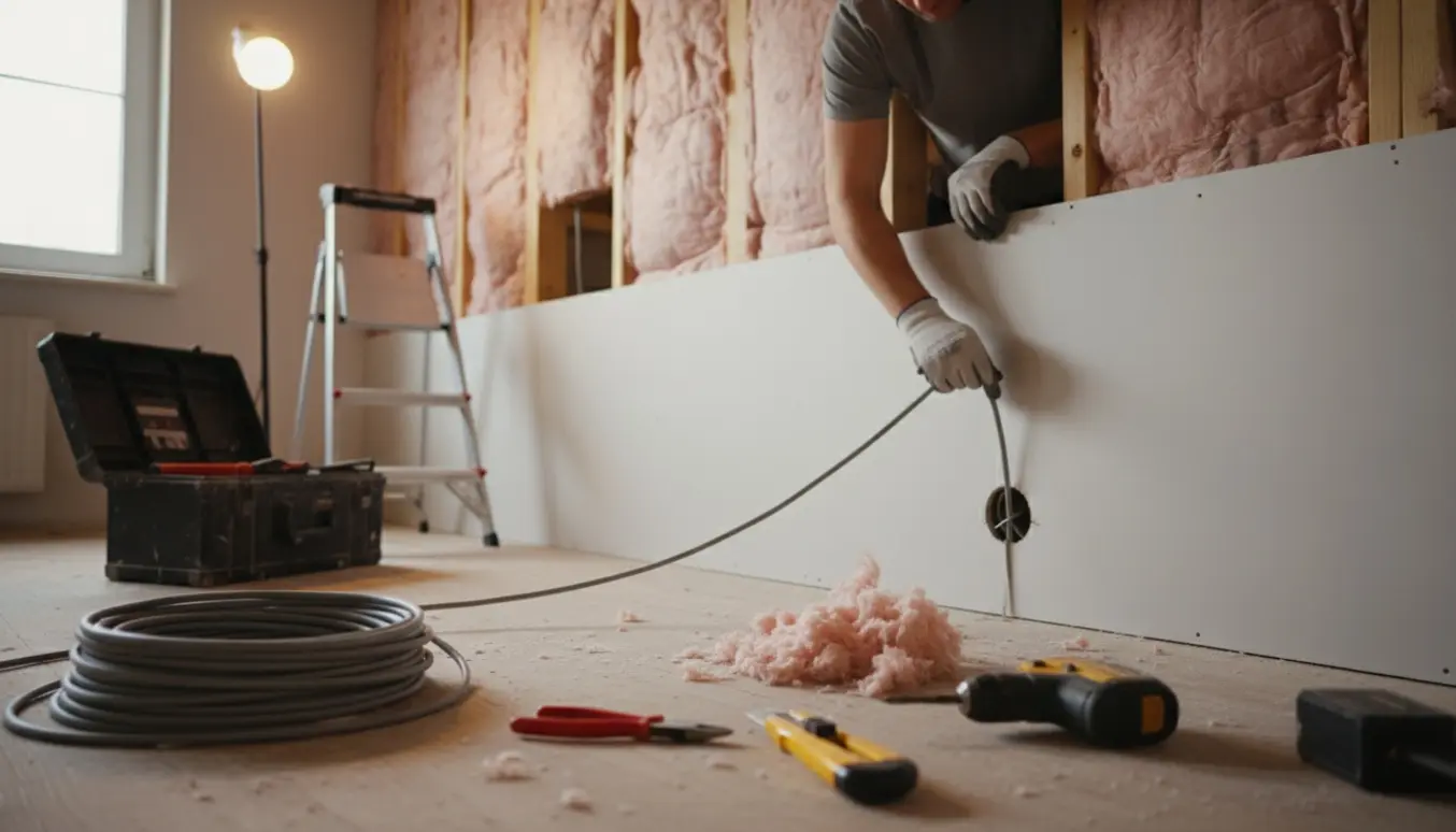 En hånd trækker elektrisk kabel over isolering og ned gennem et hul i en gipsvæg under en boligrenovering.