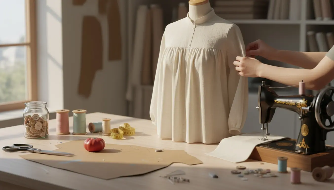 Hænder, der syr en bluse på en symaskine i et lyst og ryddeligt atelier.