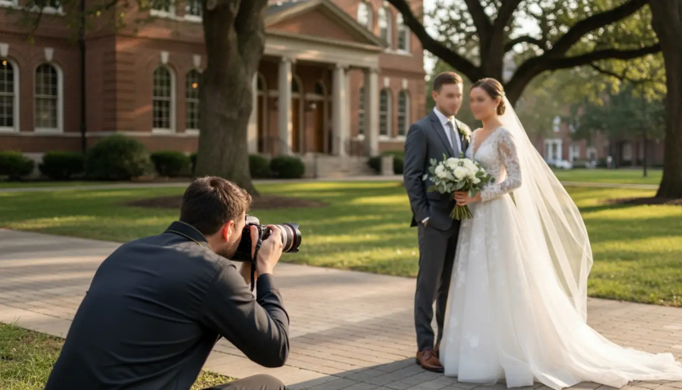 Bryllupspar fotograferes uden synlige ansigter foran rådhuset og grønne omgivelser i blødt morgenlys.