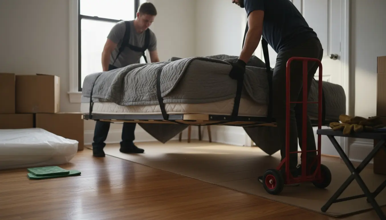 To personer bærer en seng gennem døråbningen ind i et lyst værelse med flyttetæpper og dolly.