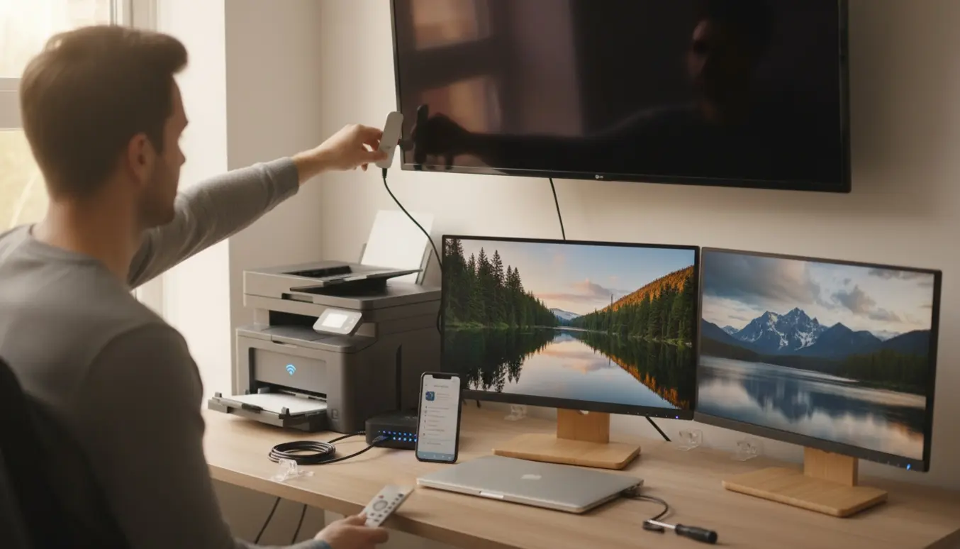 Hjemmekontor med opsætning af vægmonteret fladskærm, trådløs printer og to pc-skærme.