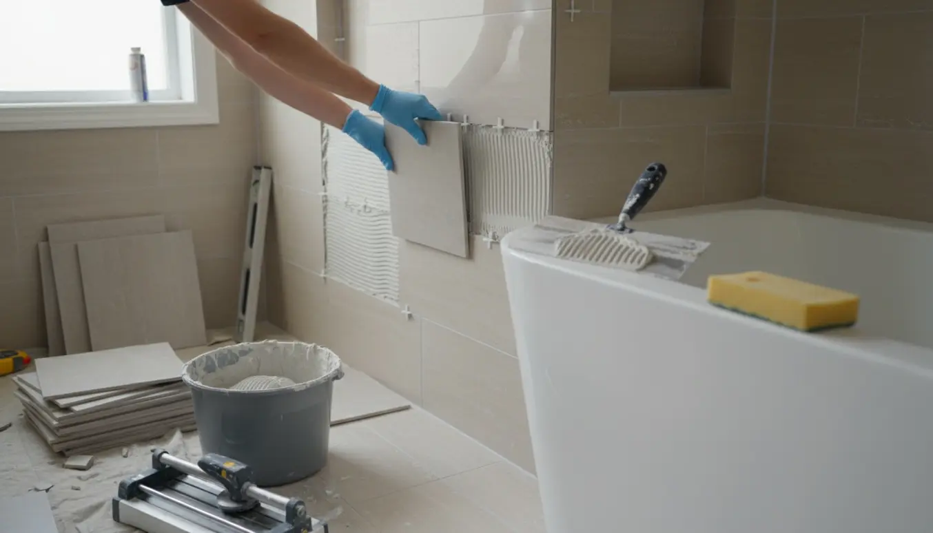 Hænder lægger keramiske fliser i et renoveret badeværelse med flisekryds og værktøj synligt.