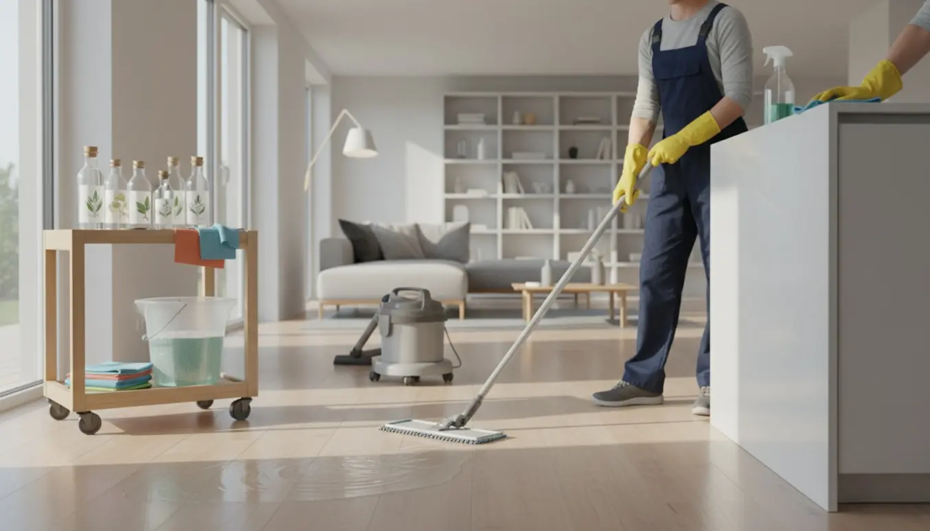 Handsker-klædte hænder mopper gulvet og tørrer køkkenøen i et lyst, rummeligt hjem.