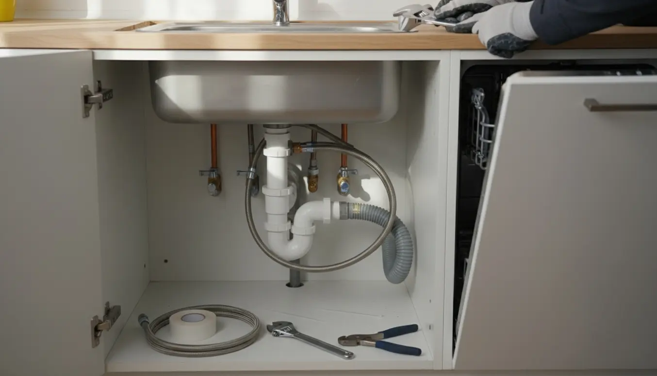 Arbejde med at tilslutte opvaskemaskine og håndvask under et åbent køkkenskab med værktøj og synlige vandtilslutninger.