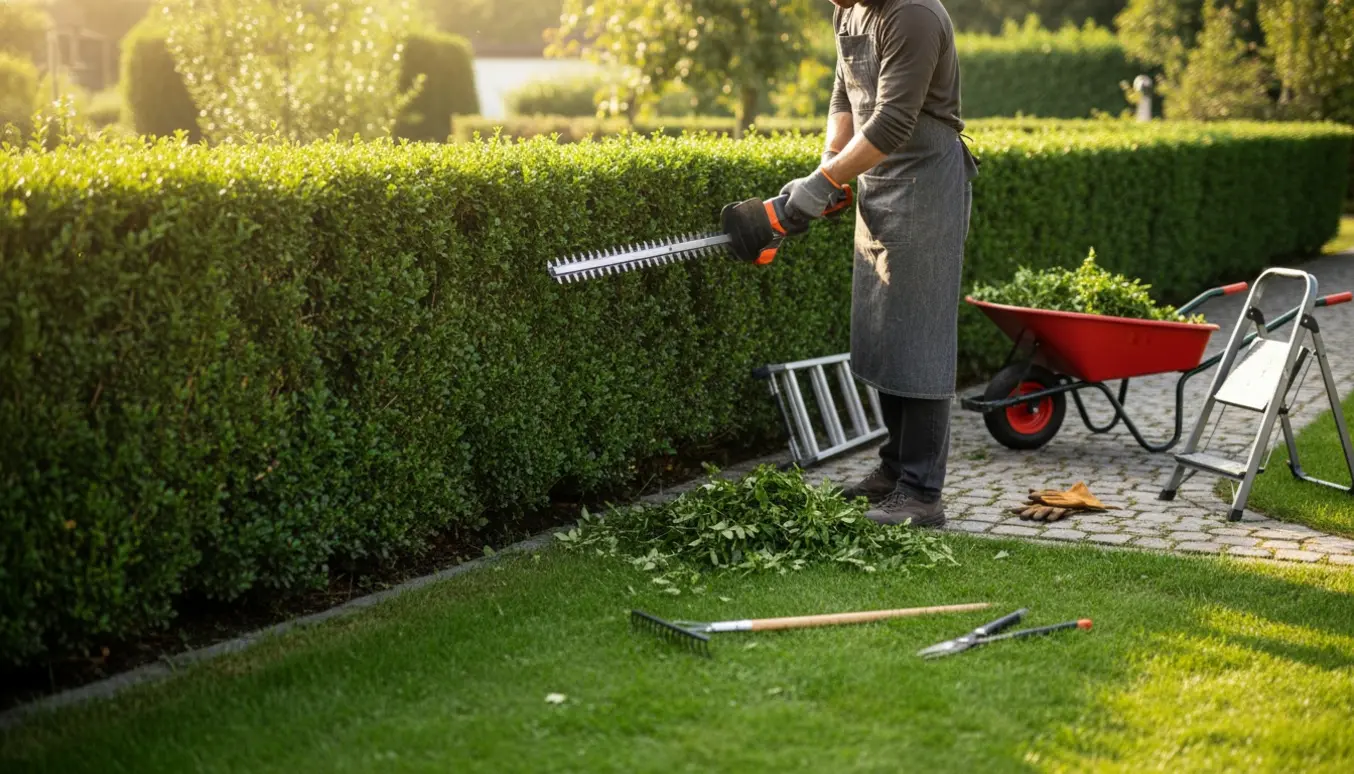 En person klipper en tæt hæk i en solrig have med hækkeklipper og friske klip på jorden.