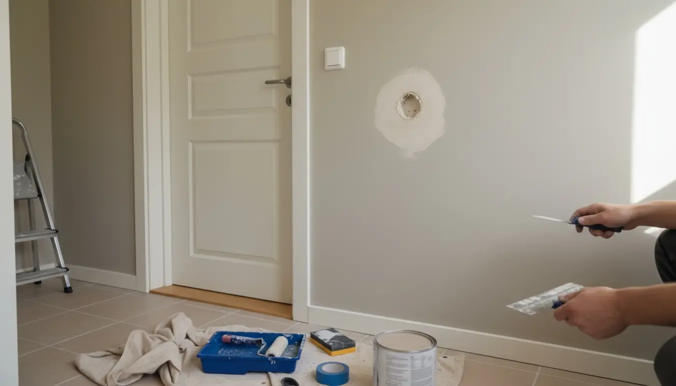Nymalet og spartlet område ved dørtelefon i entré med malerværktøj i forgrunden.