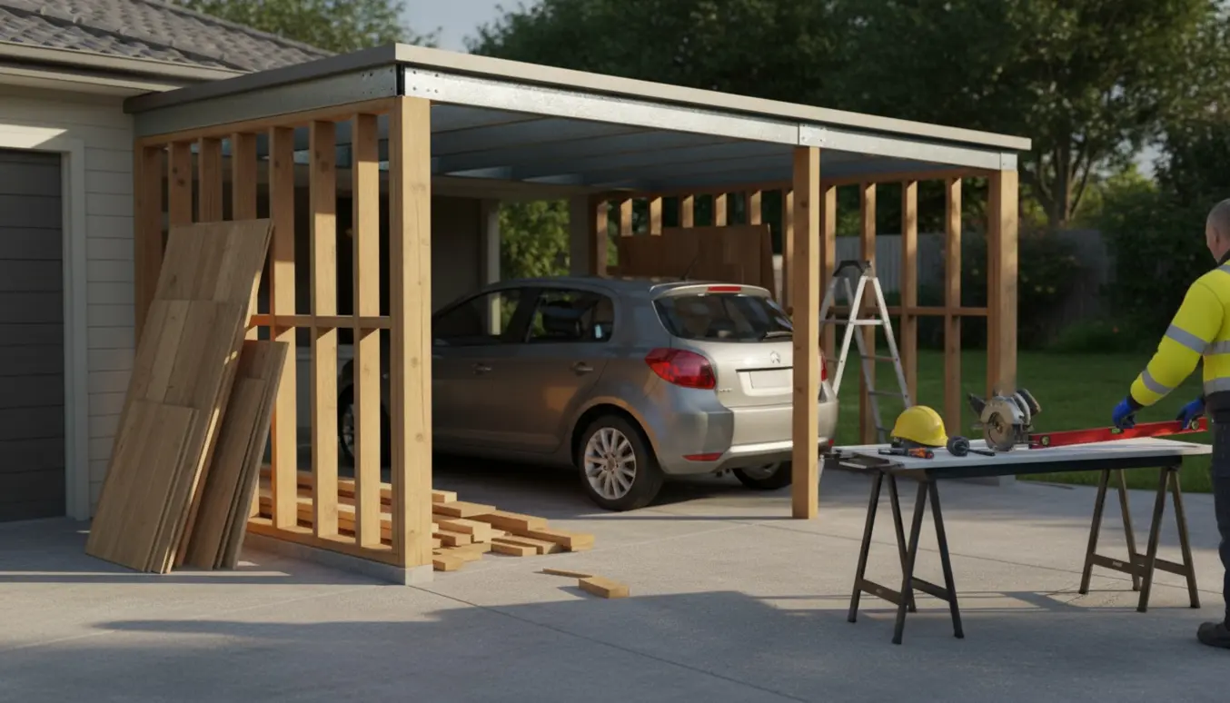 Carport med forkortet tag og fjernede skurvægge med værktøj og materialer i indkørslen.